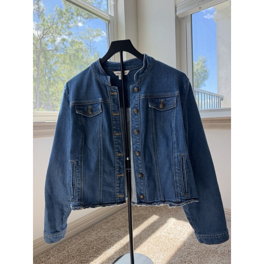 Coldwater Creek Women’s Petite PL Blue Jean Jacket Button Front Pockets Fringe